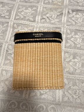 CHANEL Straw and Black Leather Card Holder
